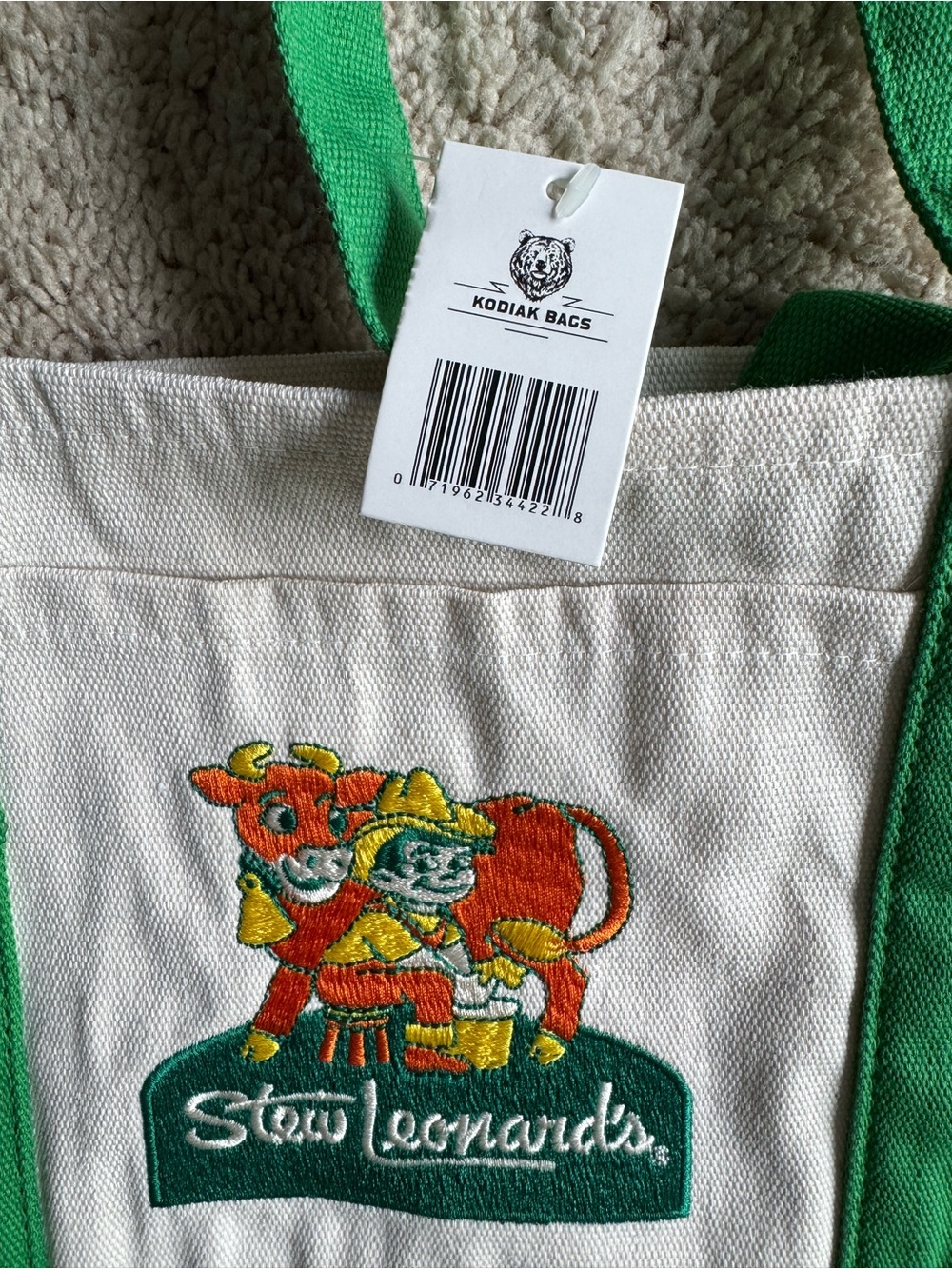 Stew Leonard’s Mini Canvas Tote with Green Trim and Embroidered Cow - Picture 2 of 5